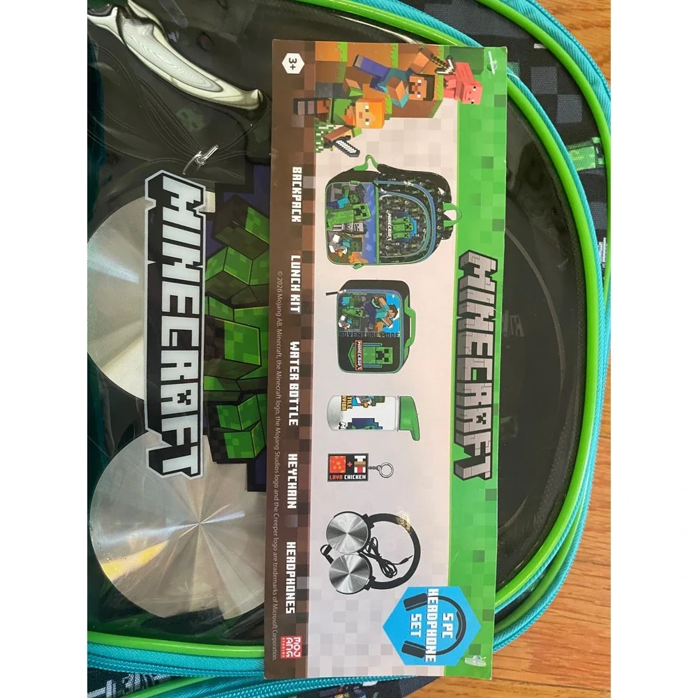 Minecraft 5 Piece Backpack Set with Headphones Lunch Bag Water Bottle Keychain